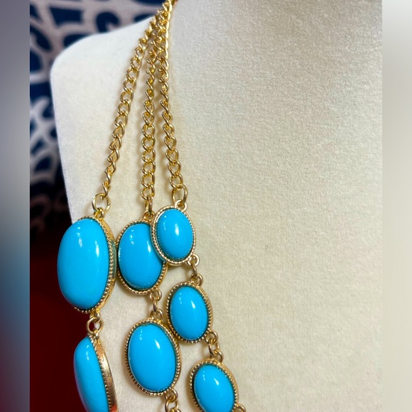 Bold Turquoise Multi-Strand Statement Bib Necklace – Gold Tone Oval Cabochons - Picture 5 of 6